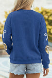 Dark Blue Corded Rib Sequin Rugby Bow Graphic Dropped Shoulder Sweatshirt - Aaria Tees Aaria Tees