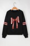 Black Varsity Baseball Bow Graphic Striped Sleeve Baggy Sweatshirt Aaria Tees