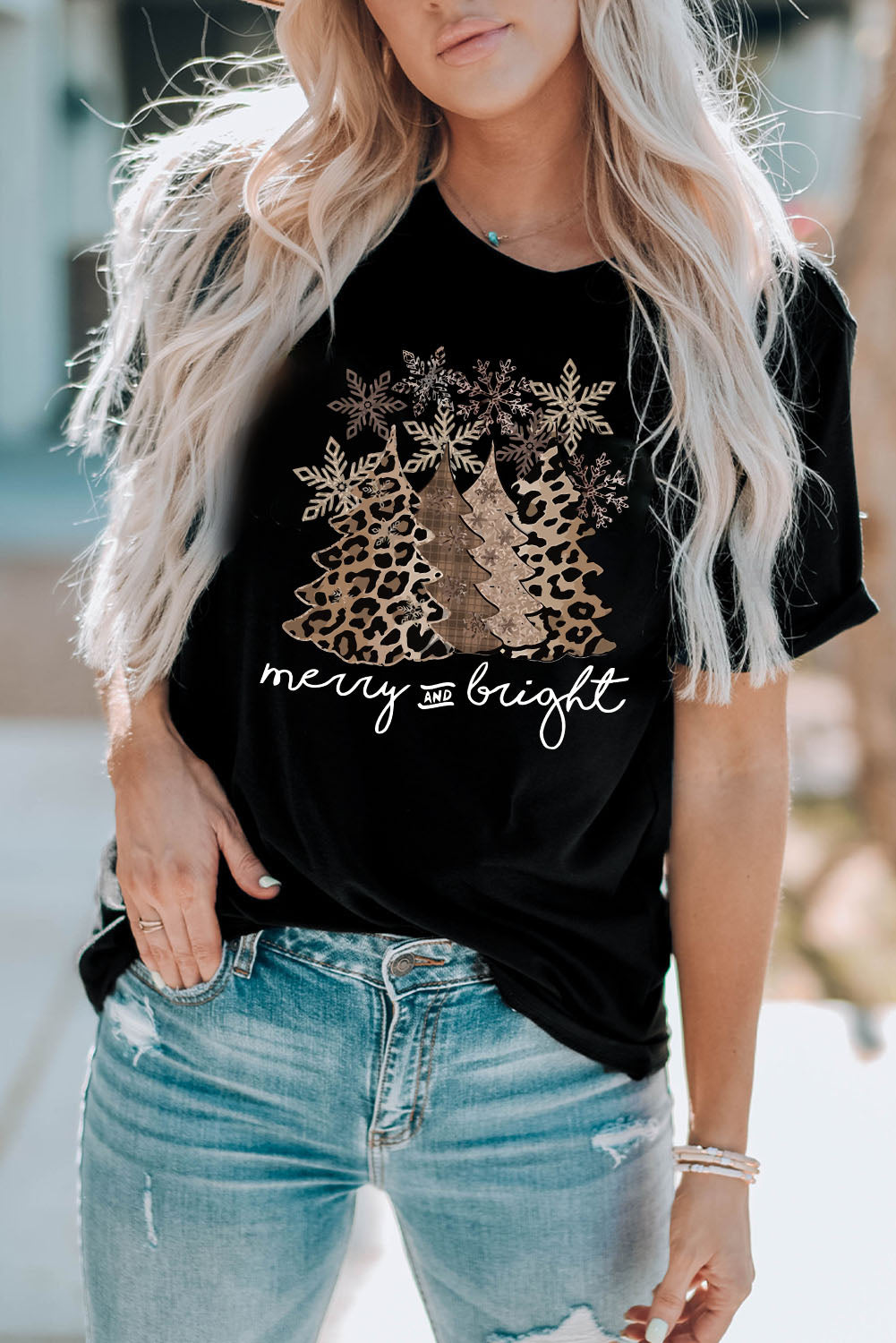 Black Leopard Christmas Tree Graphic Crew Neck T Shirt - Aaria Tees Aaria Tees