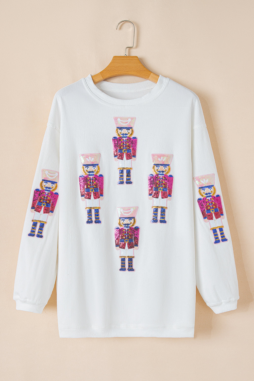 White Sequin Nutcracker Graphic Christmas Fashion Corded Sweatshirt - Aaria Tees Aaria Tees