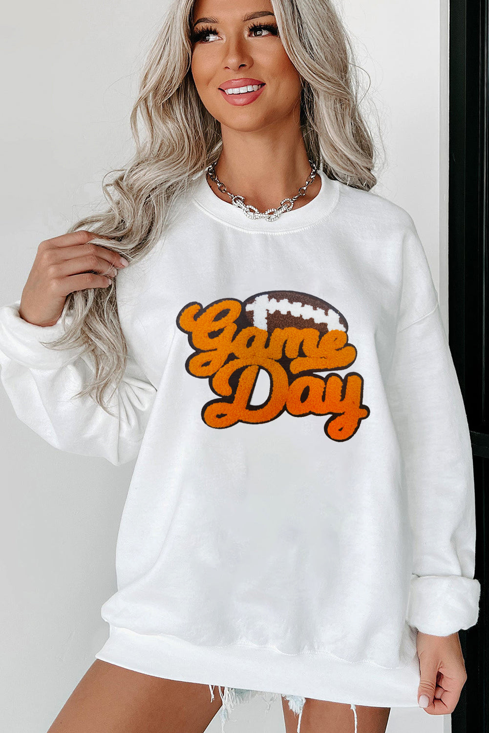 White Chenille Game Day Rugby Football Pattern Pullover Sweatshirt - Aaria Tees Aaria Tees