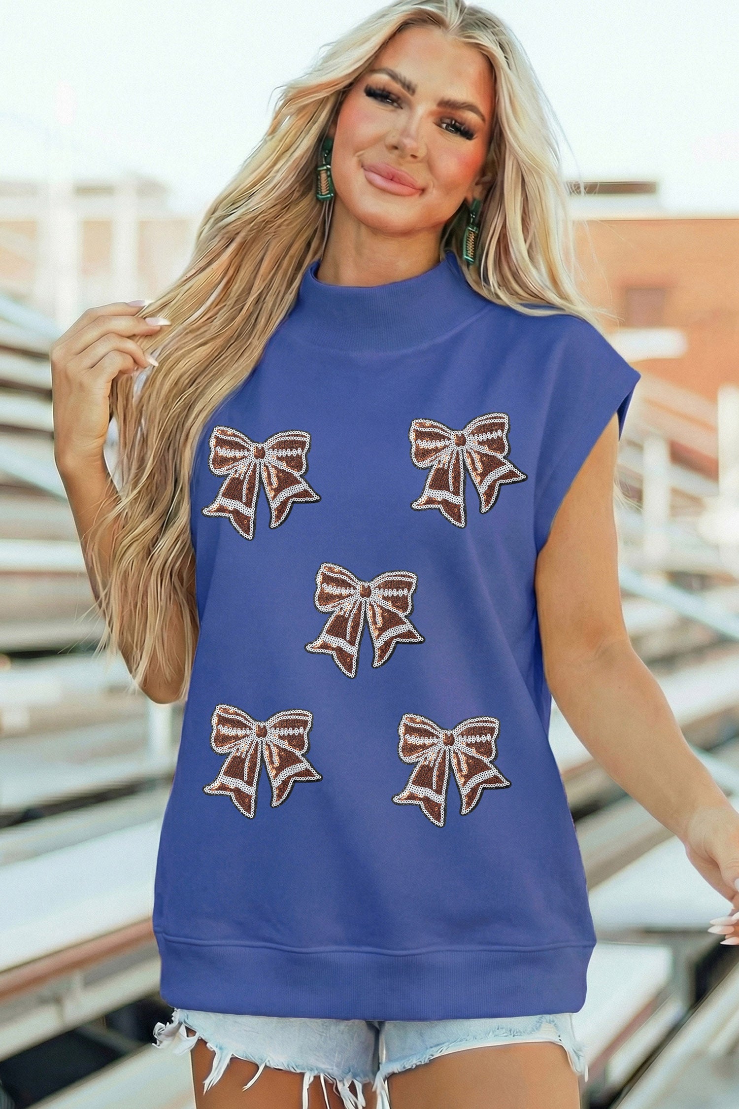 Sky Blue Game Day Sequin Bow High Neck Short Sleeve Top - Aaria Tees Aaria Tees