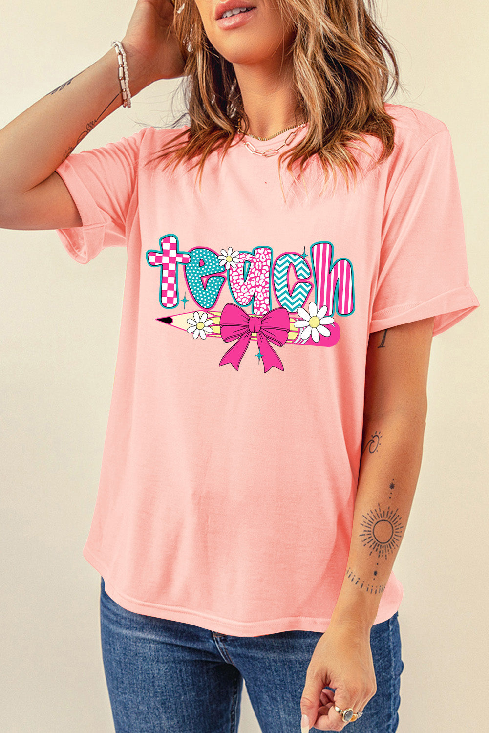 Pink Preppy Retro Checkered Coquette Teach Graphic T-Shirt - Aaria Tees Aaria Tees