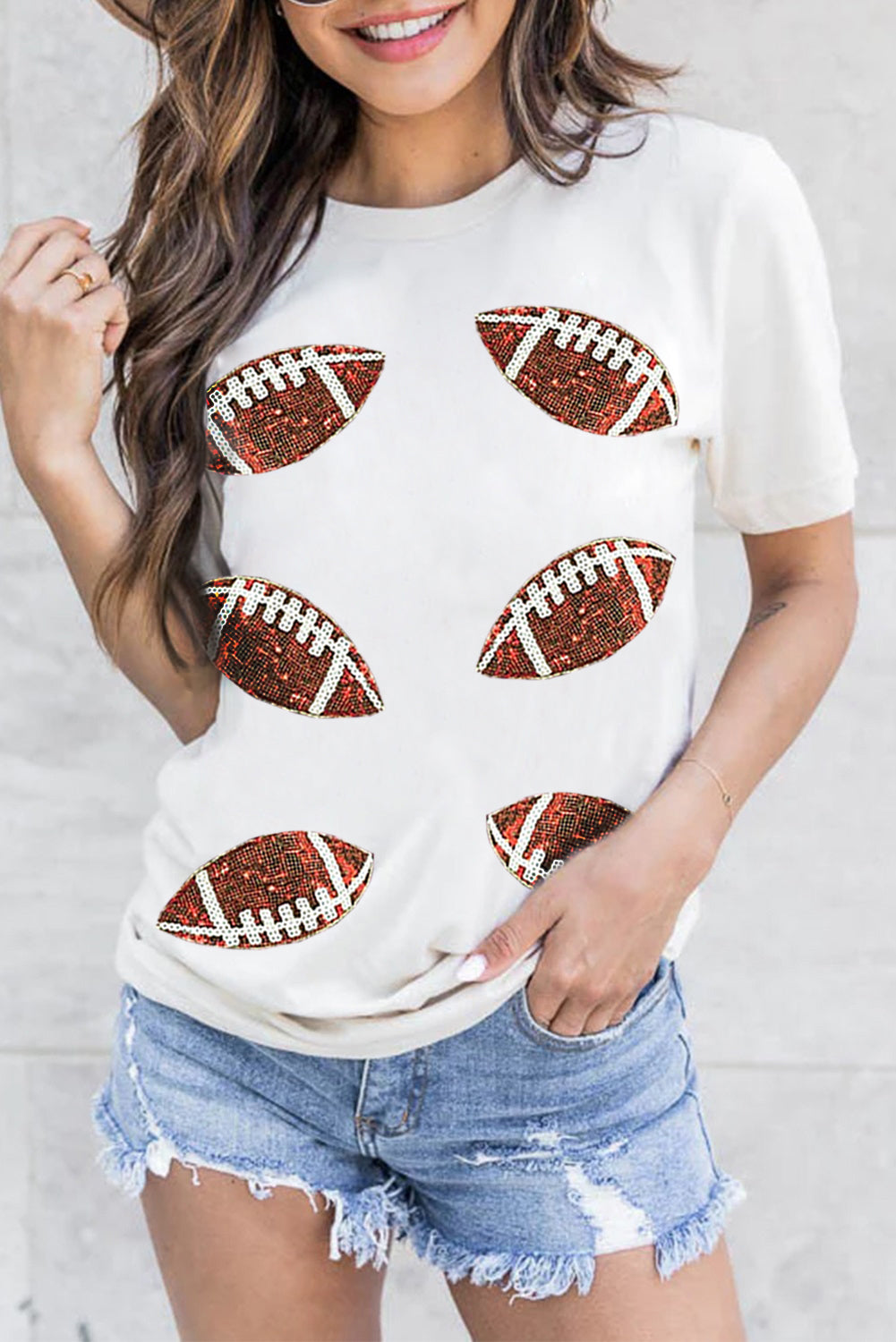 White Sequined Rugby Football Graphic Cotton T Shirt - Aaria Tees Aaria Tees
