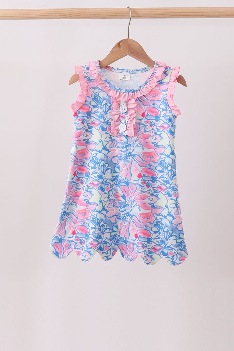 Watercolor floral ruffle scalloped dress - Aaria Tees Aaria Tees