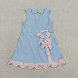Blue Performance Bow Sash Scalloped Dress Aaria Tees