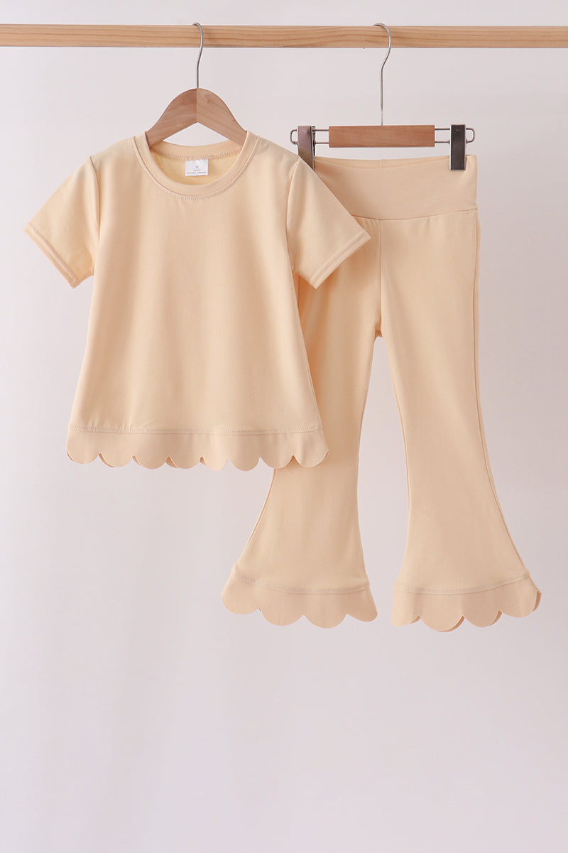 Khaki scalloped active pants set - Aaria Tees