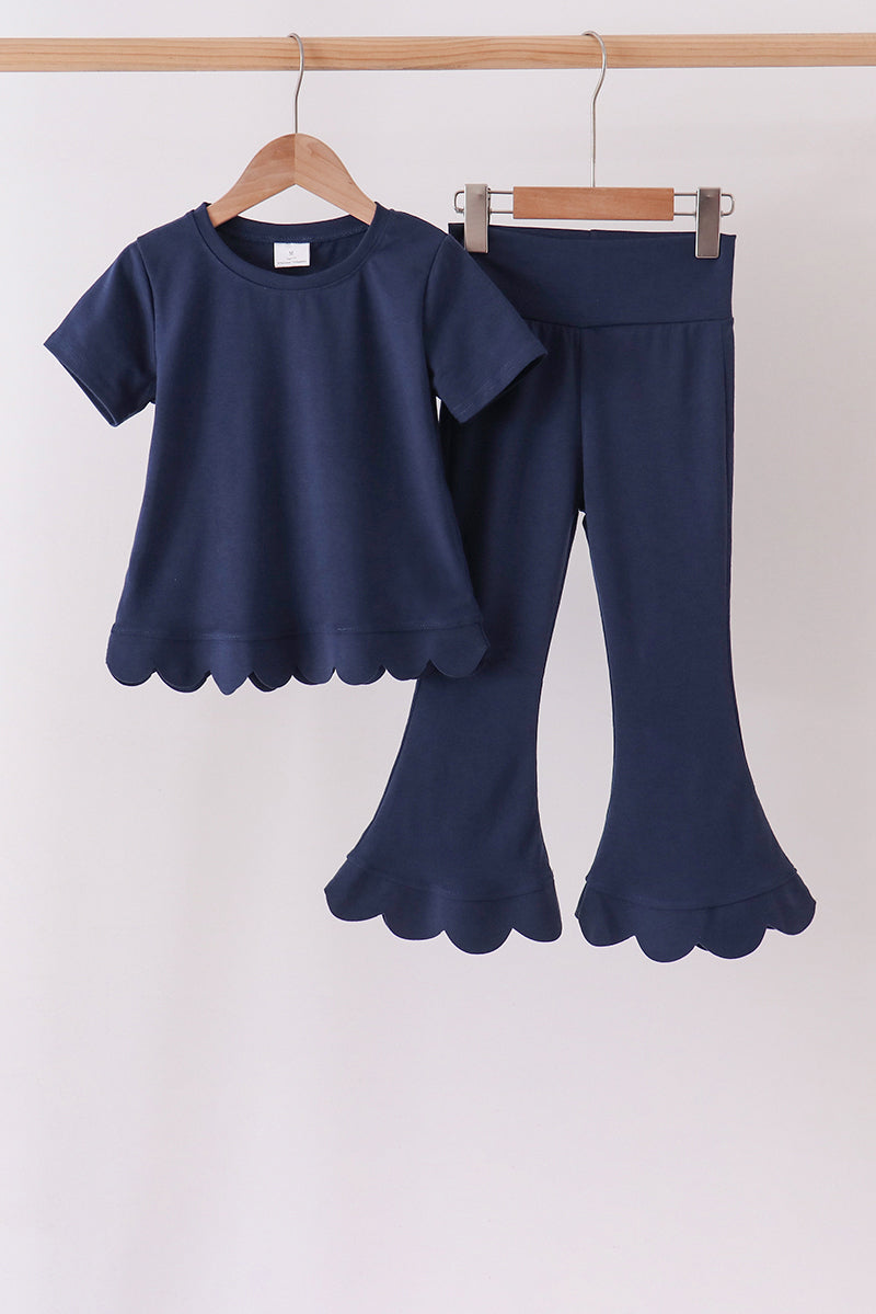 Navy sclloped active pants set - Aaria Tees