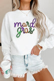 White Sequined mardi gras Graphic Crew Neck Drop Shoulder Sweatshirt Aaria Tees