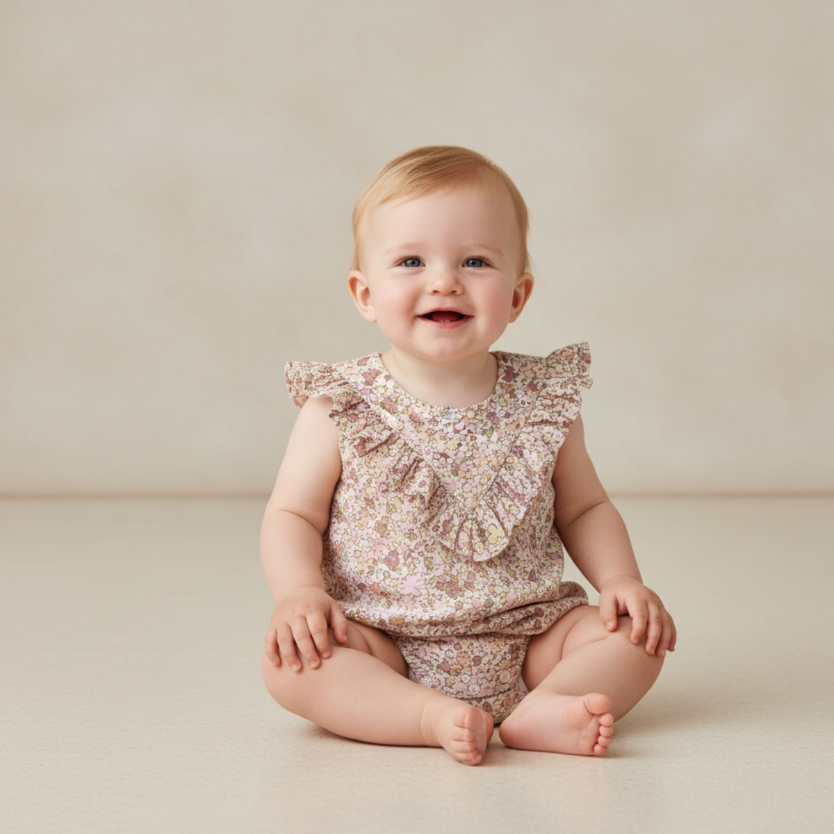 Organic Sleeveless Ruffle Bubble Romper - Pastel Bloom - Aaria Tees