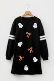 Black Sequin Ghost Graphic Varsity Striped Sleeve Halloween Sweatshirt Dress Aaria Tees