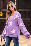 Lavendula Brushed Star Graphic V Neck Drop Shoulder Oversize Sweater Aaria Tees