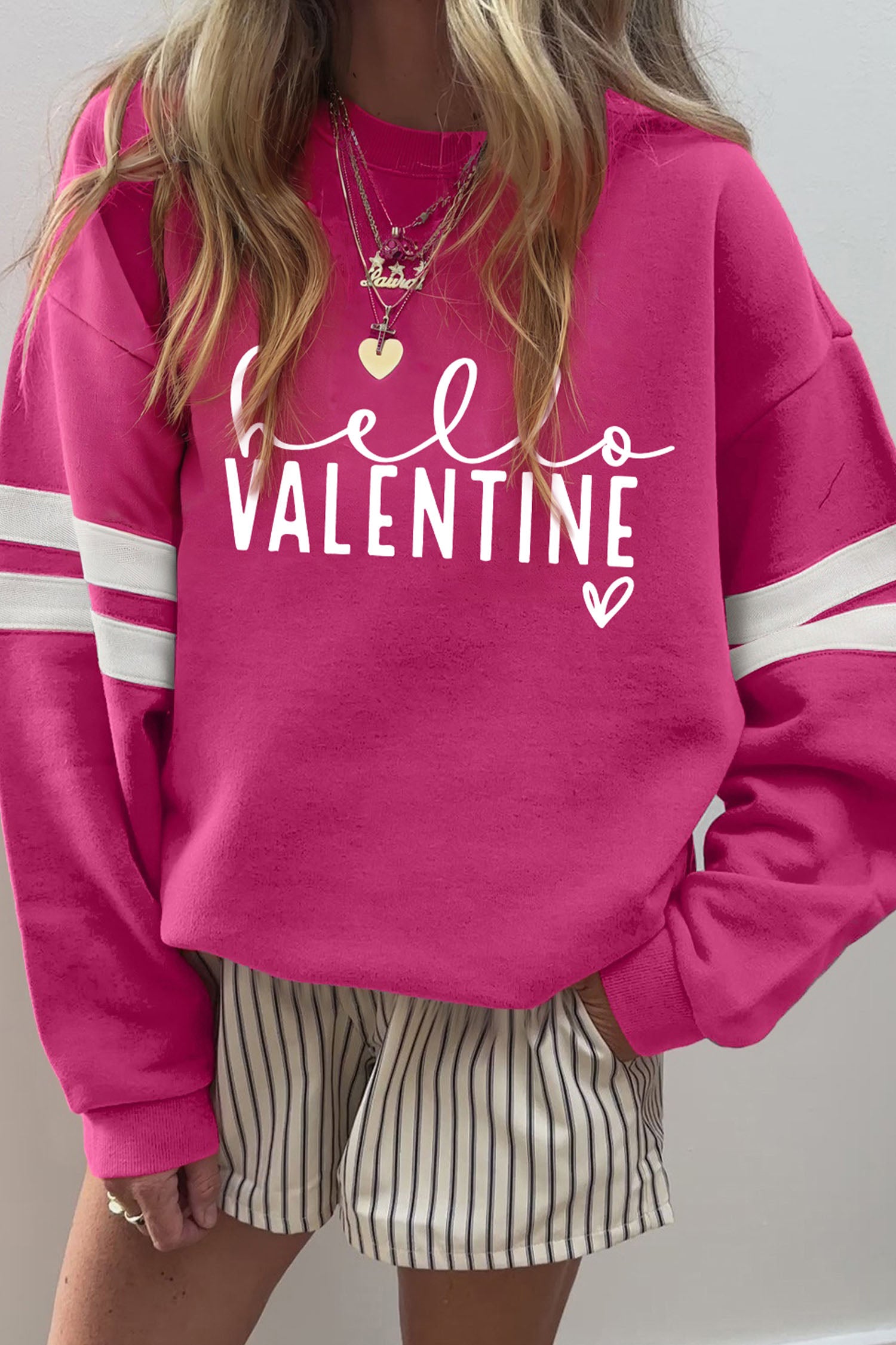 Rose Red Hello Valentine Varsity Striped Sleeve Baggy Sweatshirt - Aaria Tees Aaria Tees