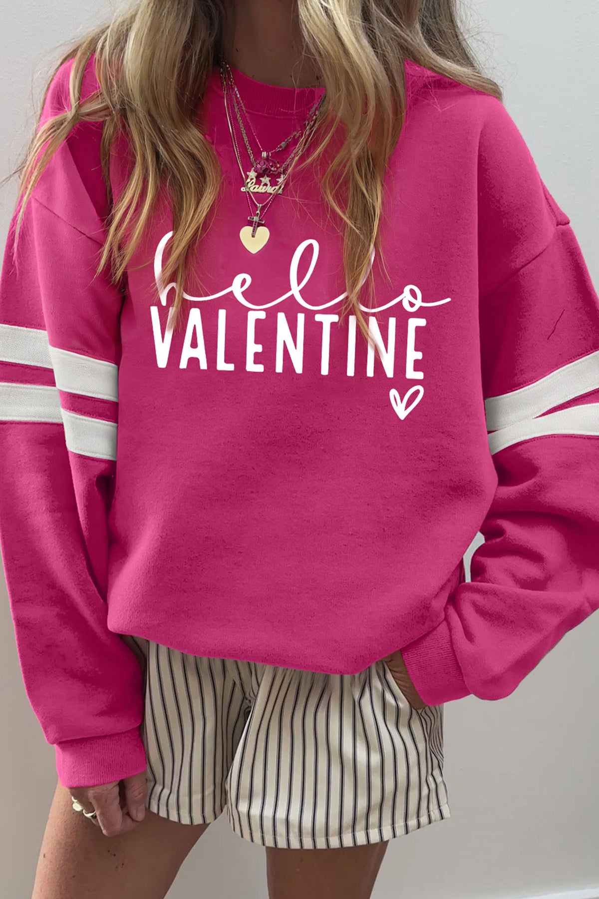 Rose Red Hello Valentine Varsity Striped Sleeve Baggy Sweatshirt - Aaria Tees