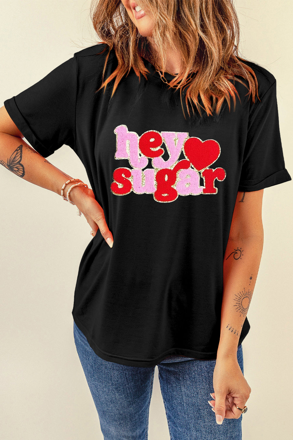Black Chenille Heart hey sugar Patched Crewneck Valentines Tee - Aaria Tees Aaria Tees