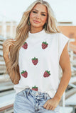 White Sequin Strawberry Graphic Mock Neck Short Sleeve Top Aaria Tees