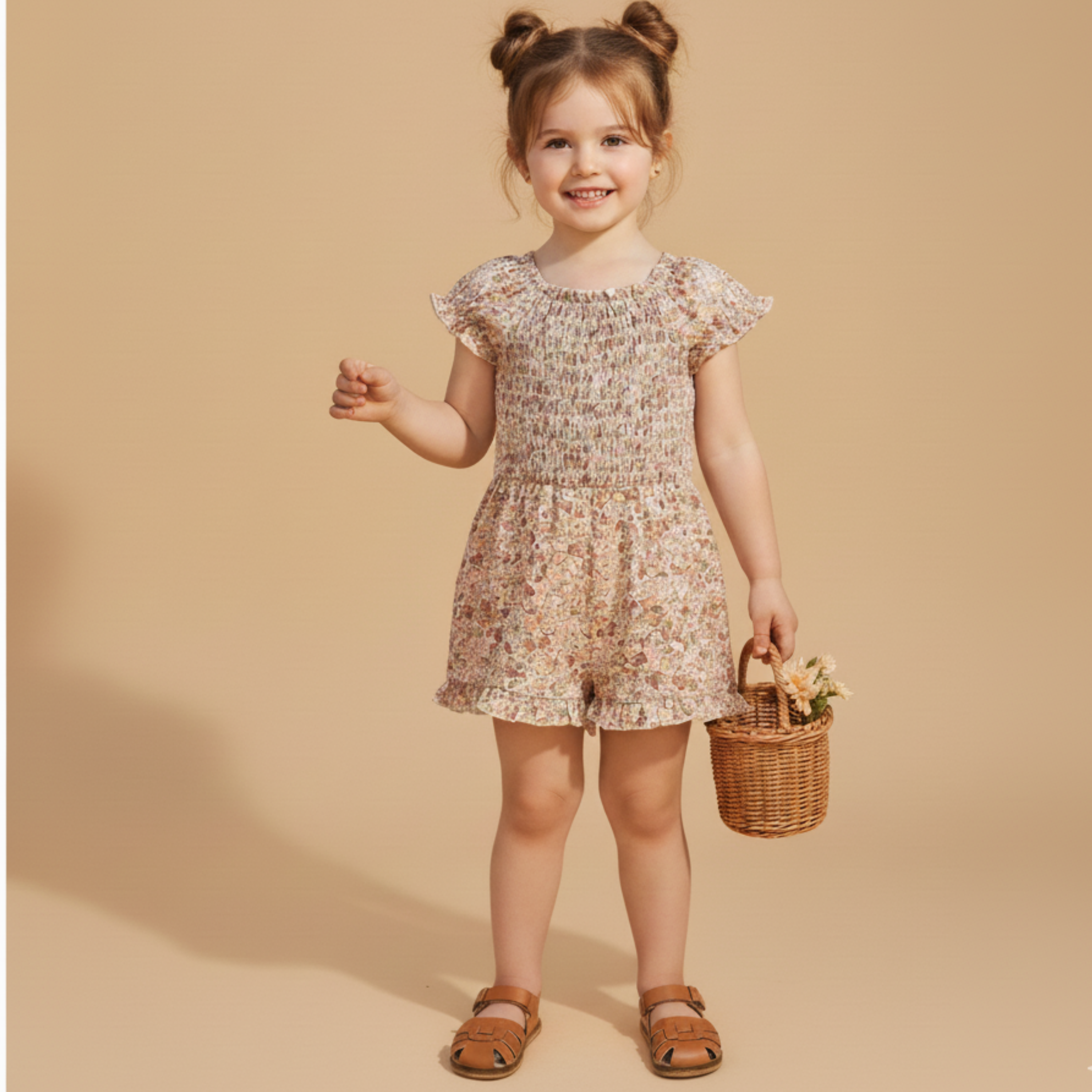 Organic Smocked Jumpsuit - Pastel Bloom - Aaria Tees Aaria Tees