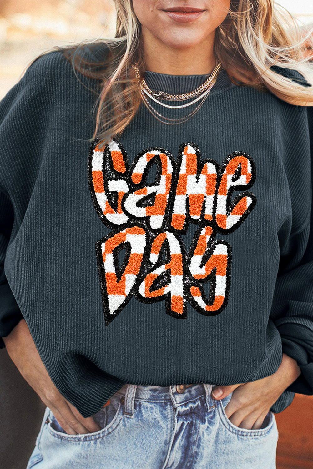 Dark Blue Chenille Checkered Game Day Graphic Drop Shoulder Corded Sweatshirt - Aaria Tees Aaria Tees