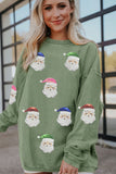 Grass Green Corded Ribbed Sequin Patched Santa Claus Graphic Sweatshirt Aaria Tees