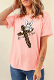 Pink He is Risen Easter Bunny Leopard Cross Graphic Tee Aaria Tees