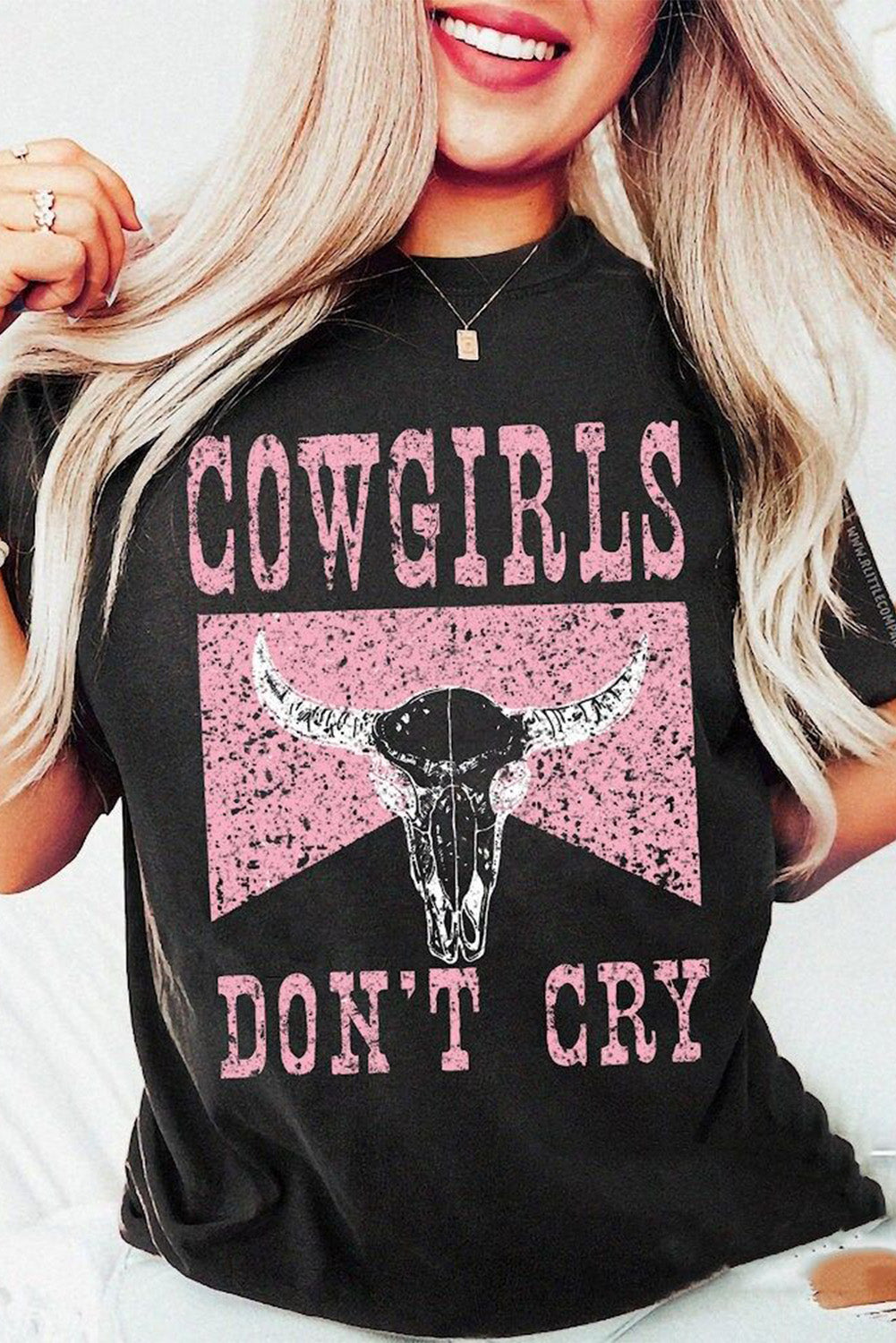 Black COWGIRL DONT CRY Steer Head Print Short Sleeve Top - Aaria Tees