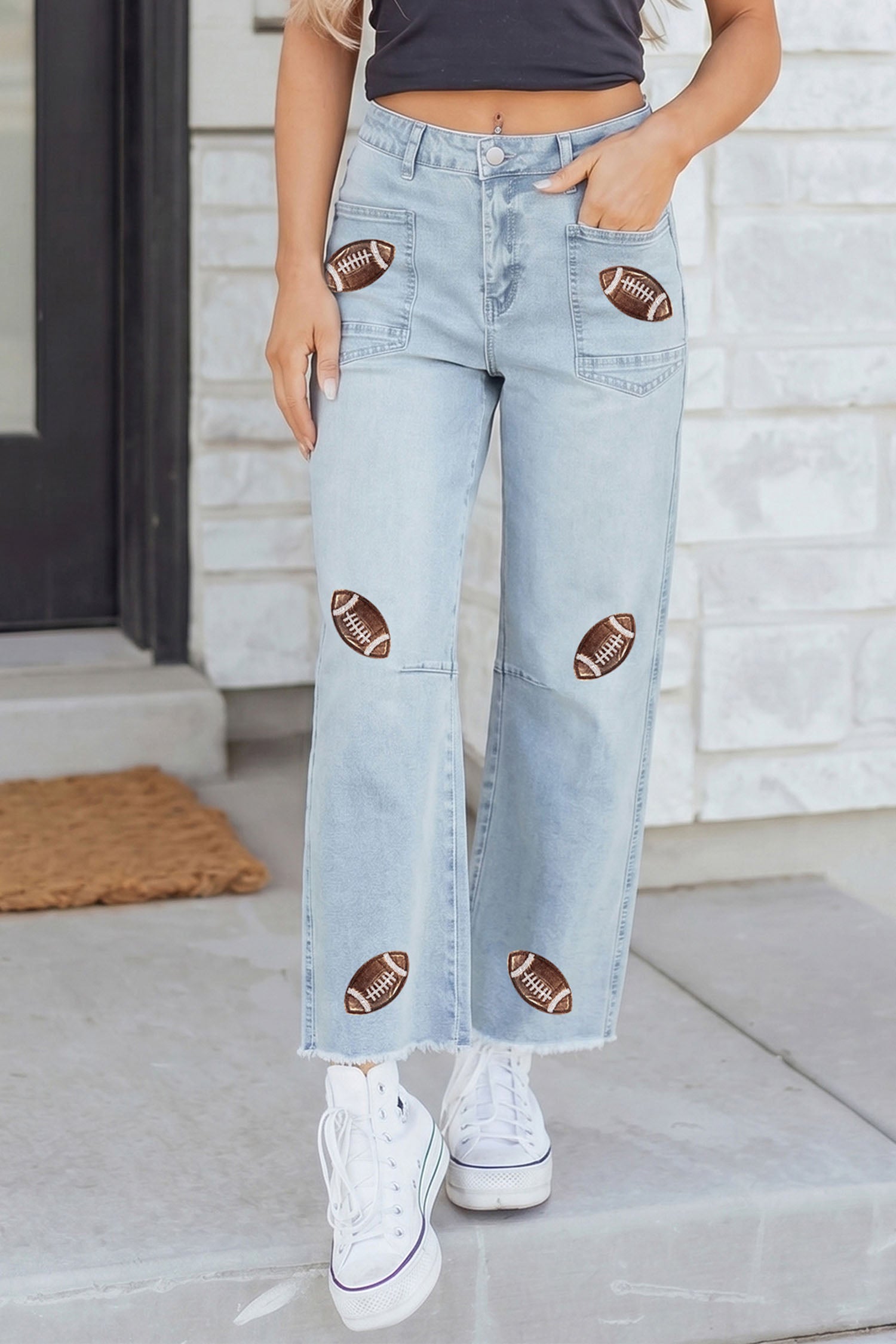 Beau Blue Sequin Detail Patched Rugby Pattern Raw Hem Shift Jeans - Aaria Tees Aaria Tees
