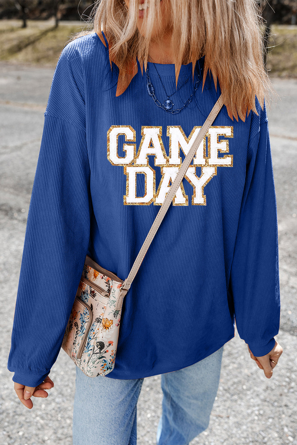 Dark Blue GAME DAY Glitter Detail Ribbed Drop Shoulder Sweatshirt - Aaria Tees Aaria Tees
