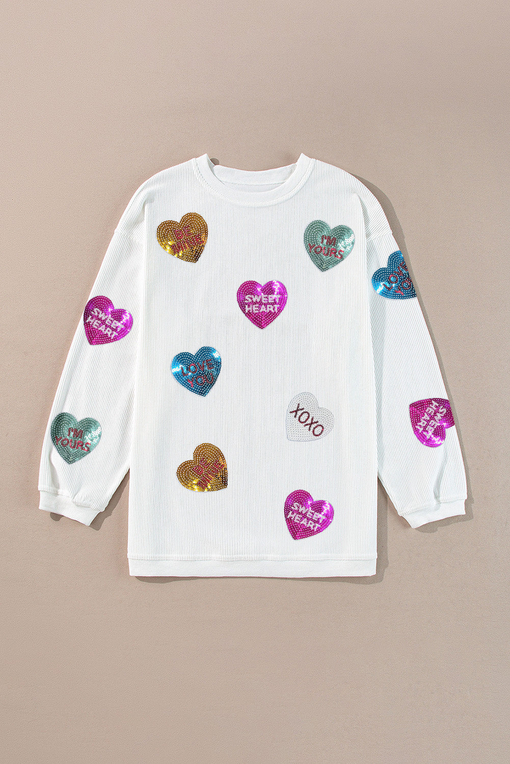 White Valentines Slogan Heart Sequin Corded Baggy Sweatshirt - Aaria Tees Aaria Tees