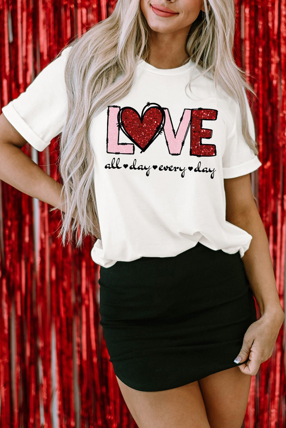 White Valentine LOVE Heart Shape Crew Neck Graphic Tee - Aaria Tees Aaria Tees