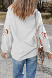 White Corded Rib Sequin Santa Bow Patched Drop Shoulder Graphic Sweatshirt Aaria Tees
