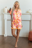 Pink Short Sleeve Pumpkin Print Pocket Placket Shell Button Lounge Set - Aaria Tees Aaria Tees