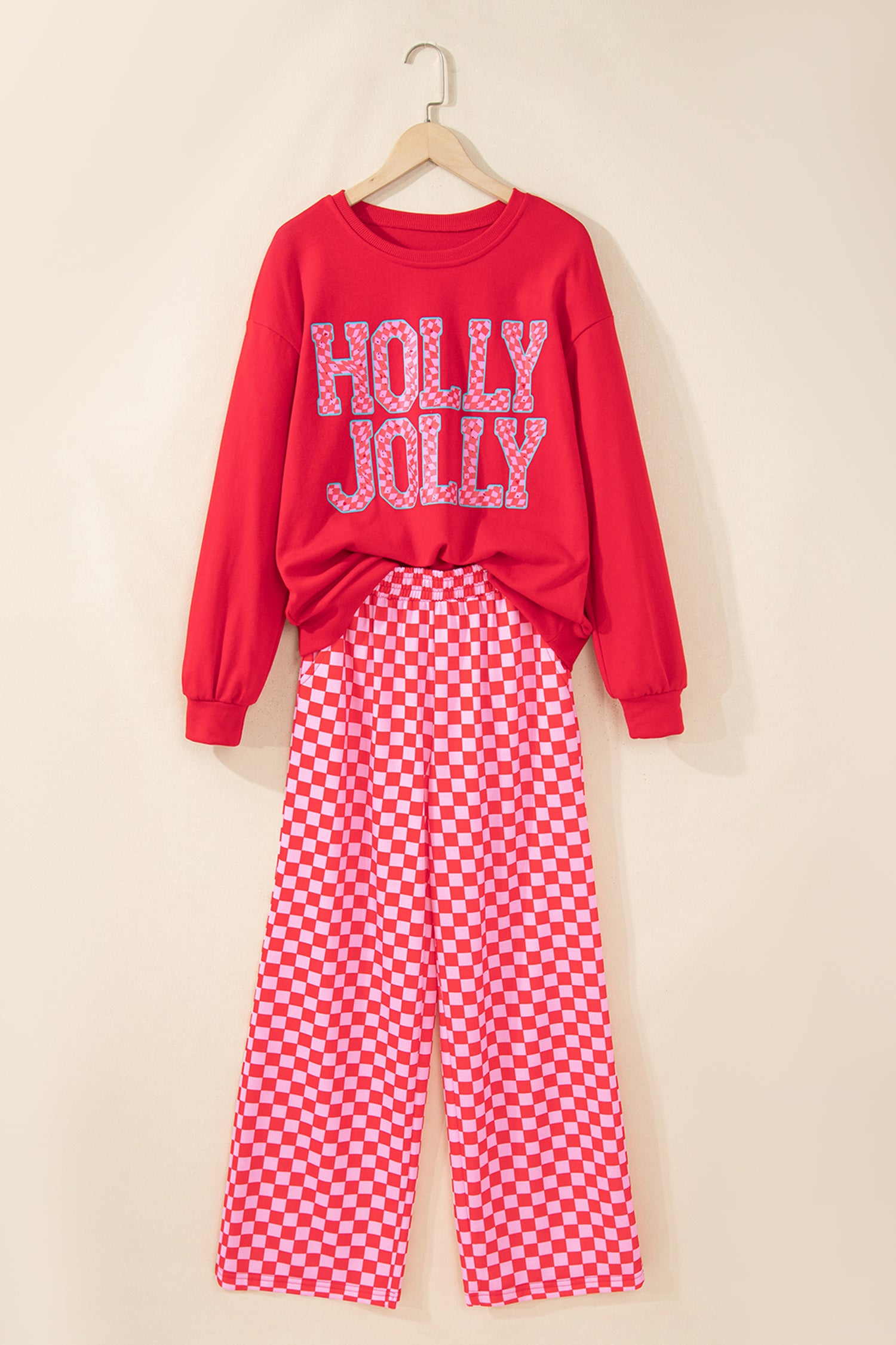 Red Christmas Slogan Graphic Plaid Contrast Two-piece Pant Set - Aaria Tees Aaria Tees