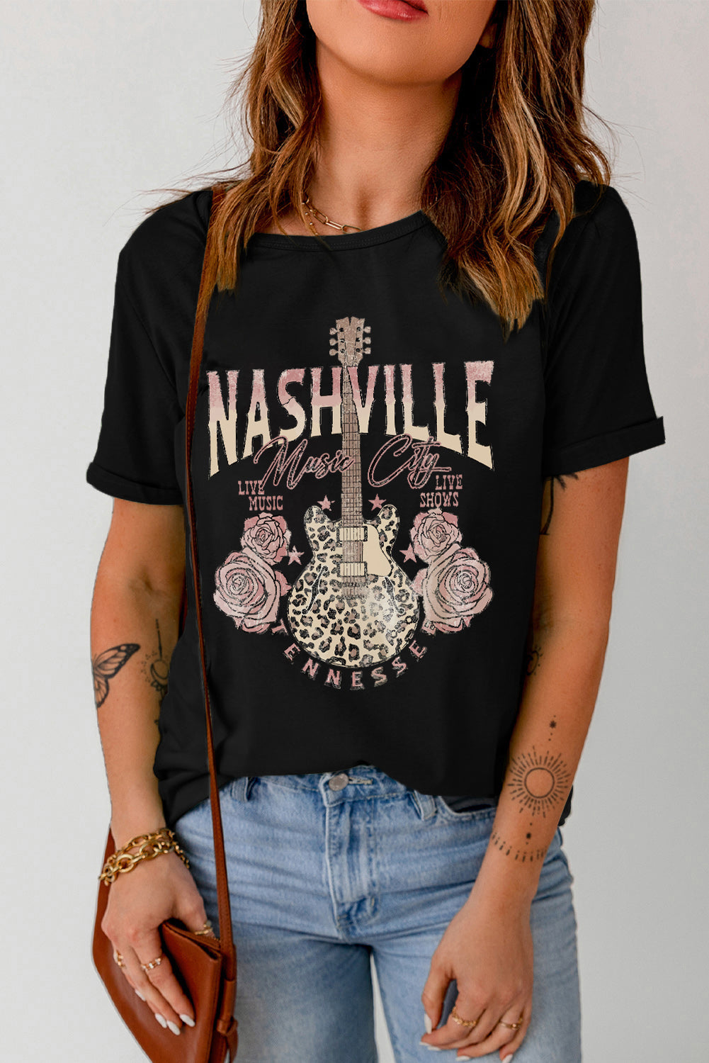 Black Nashville Music City Leopard Guitar Graphic T Shirt - Aaria Tees Aaria Tees