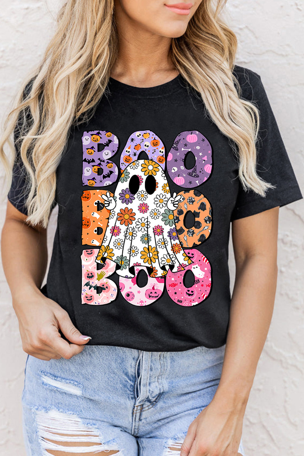 Black BOO Floral Ghost Print Crew Neck Halloween T Shirt - Aaria Tees Aaria Tees