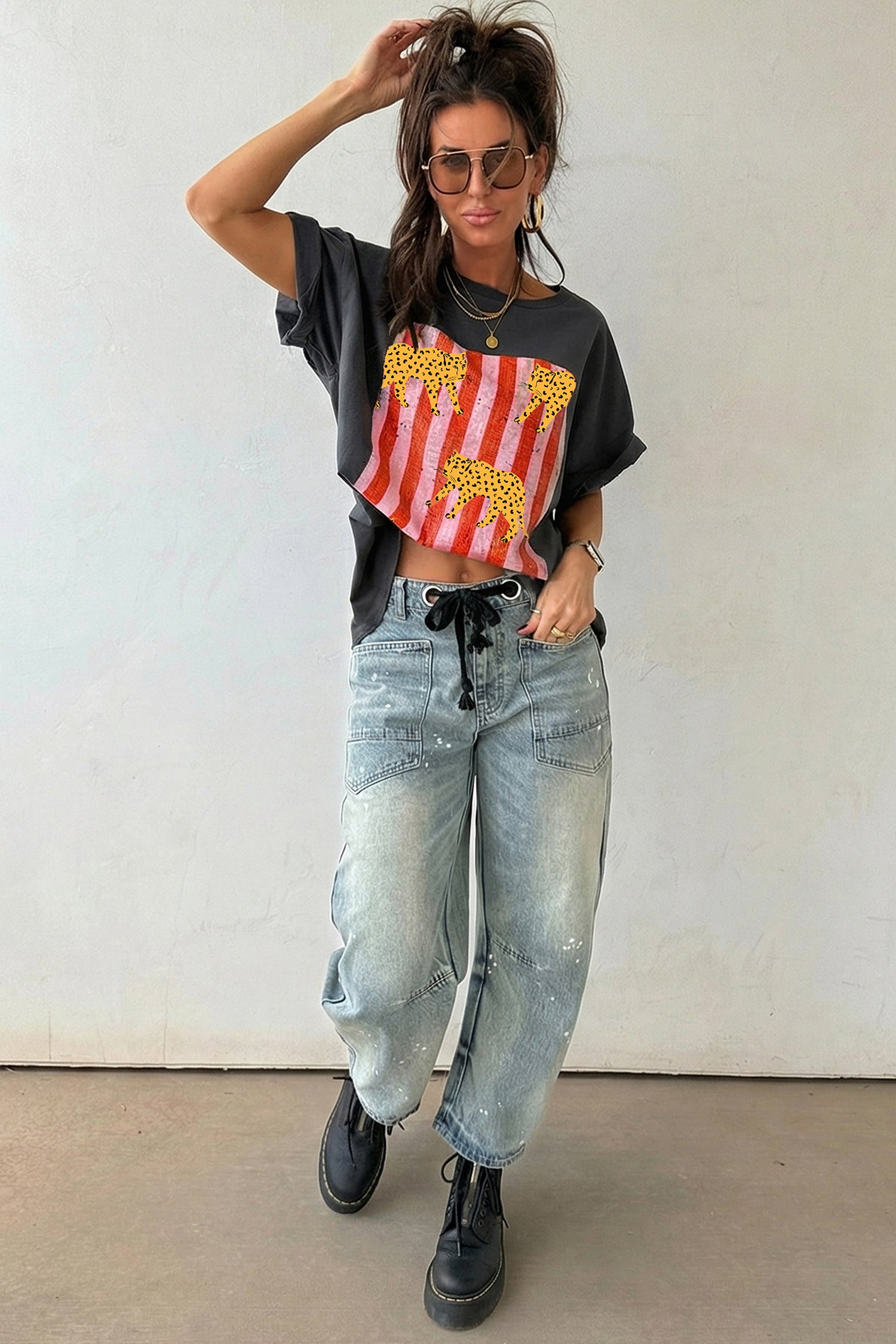 Dark Grey Cheetah Striped Print Retro Fashion Graphic Tee - Aaria Tees Aaria Tees