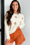Beige Pumpkin Embroidered Ribbed Thanksgiving Halloween Holiday Sweater Aaria Tees