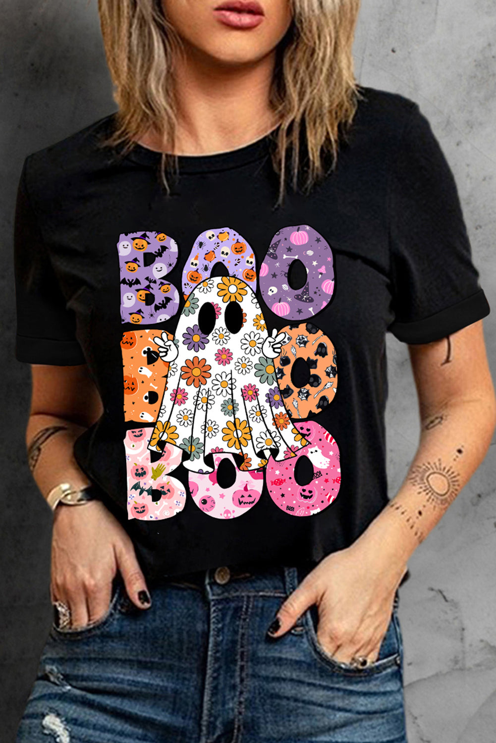 Black BOO Floral Ghost Print Crew Neck Halloween T Shirt - Aaria Tees Aaria Tees