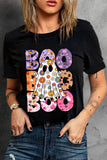 Black BOO Floral Ghost Print Crew Neck Halloween T Shirt - Aaria Tees Aaria Tees