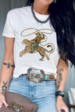 White Leopard Rodeo Cowboy Graphic Casual Tee Aaria Tees