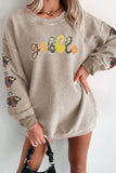 Smoke Gray Corded Ribbed Thanksgiving Turkey Sequin Patched Sleeve gobble Baggy Sweatshirt Aaria Tees