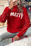 Racing Red Merry Graphic Sequin Sleeves Christmas Turtleneck Sweater - Aaria Tees Aaria Tees