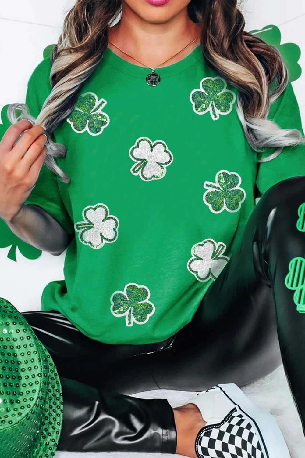 Bright Green St Patricks Sequined Clover Pattern T Shirt - Aaria Tees