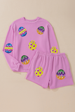 Phalaenopsis Easter Egg Patched Graphic Corded Long Sleeve Top Shorts Set Aaria Tees