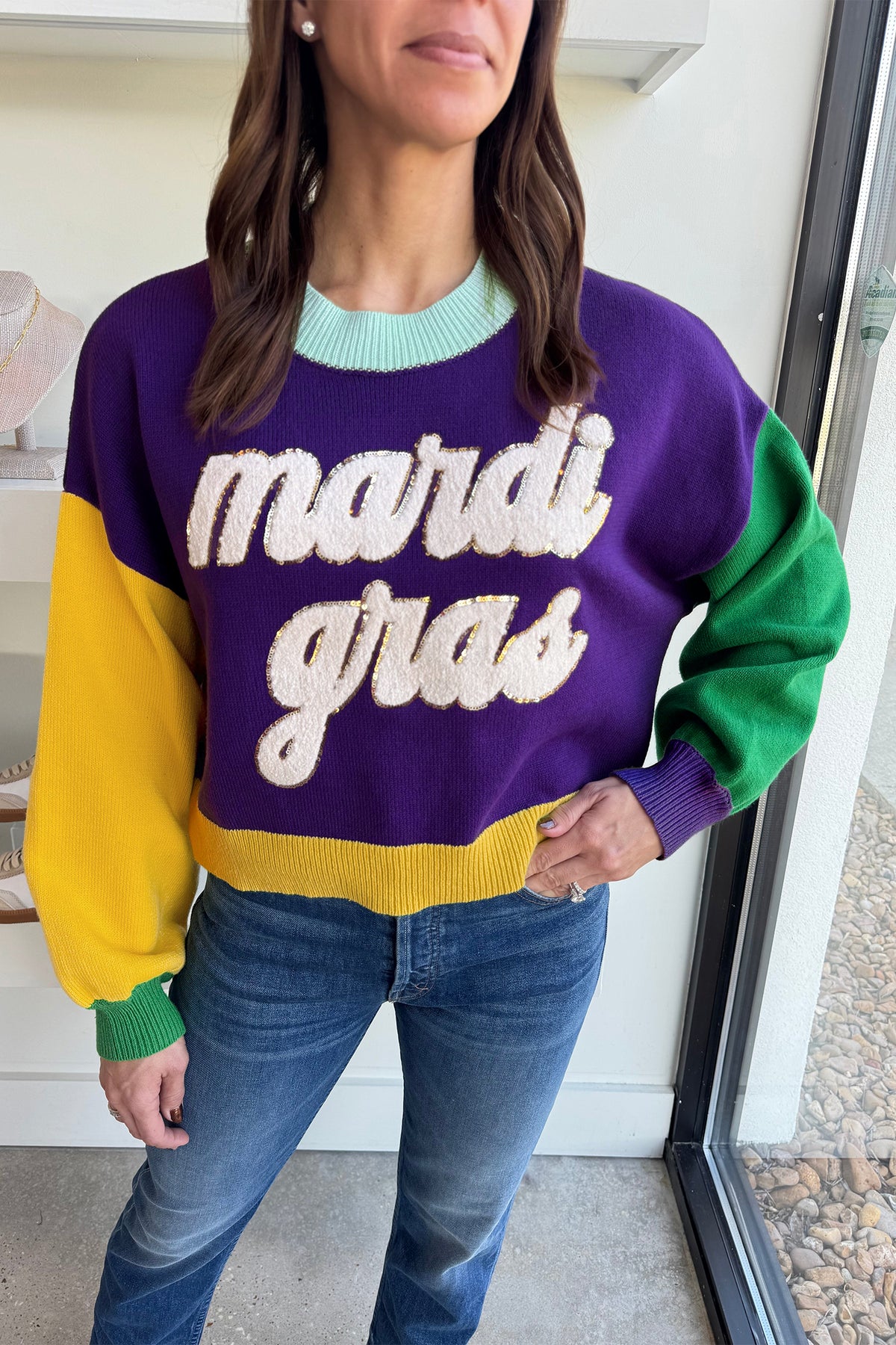 Tillandsia Purple Colorblock Patchwork Fuzzy Mardi Gras Graphic Sweater - Aaria Tees