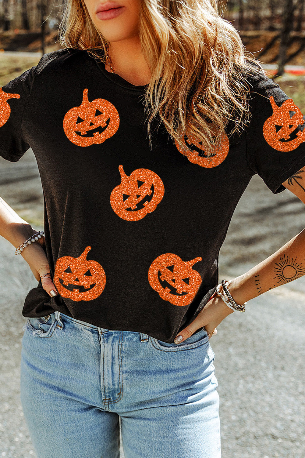 Black Glittering Pumpkin Face Graphic Crewneck Halloween T Shirt - Aaria Tees Aaria Tees