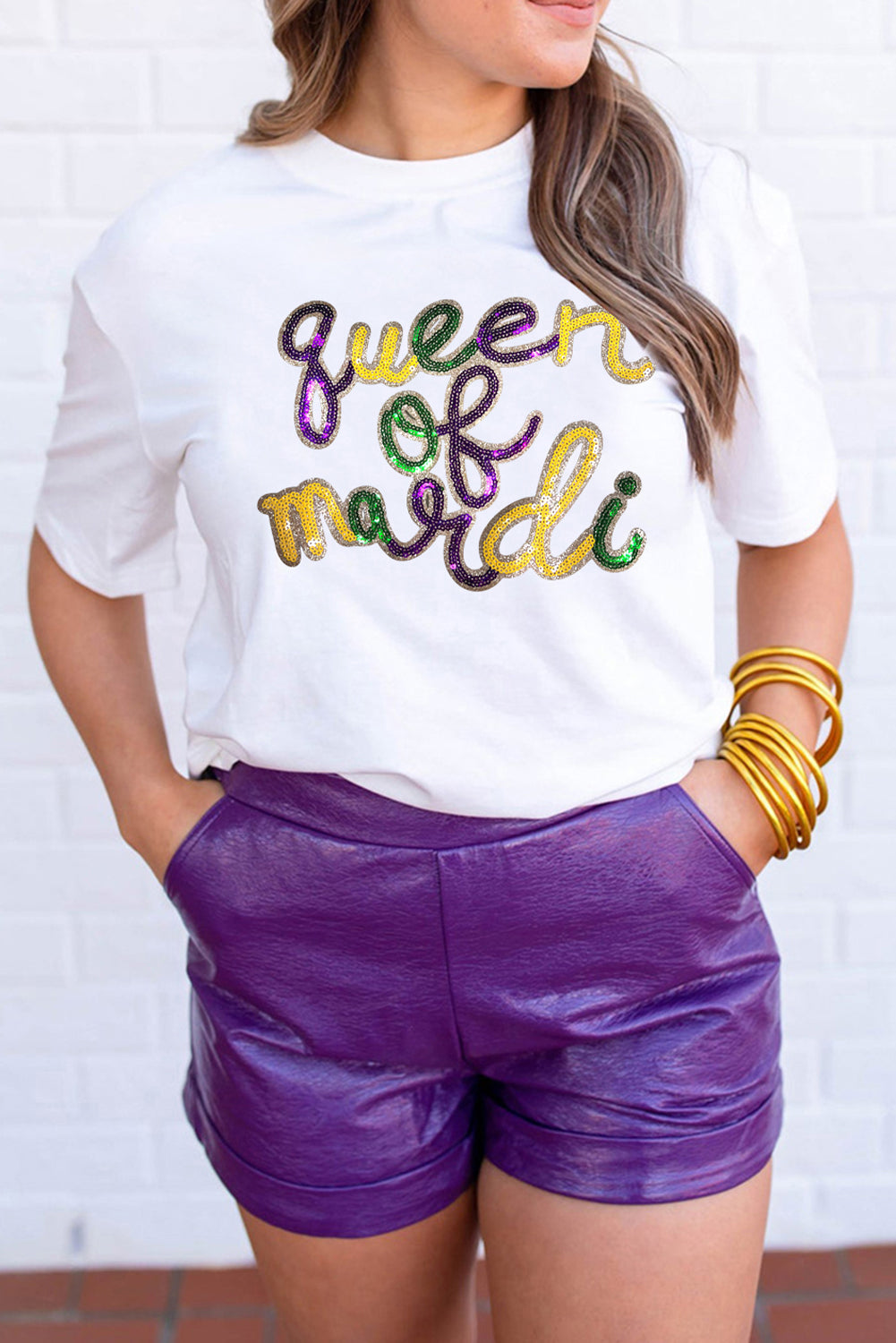 White queen of mardi Sequin Letter Graphic T Shirt - Aaria Tees