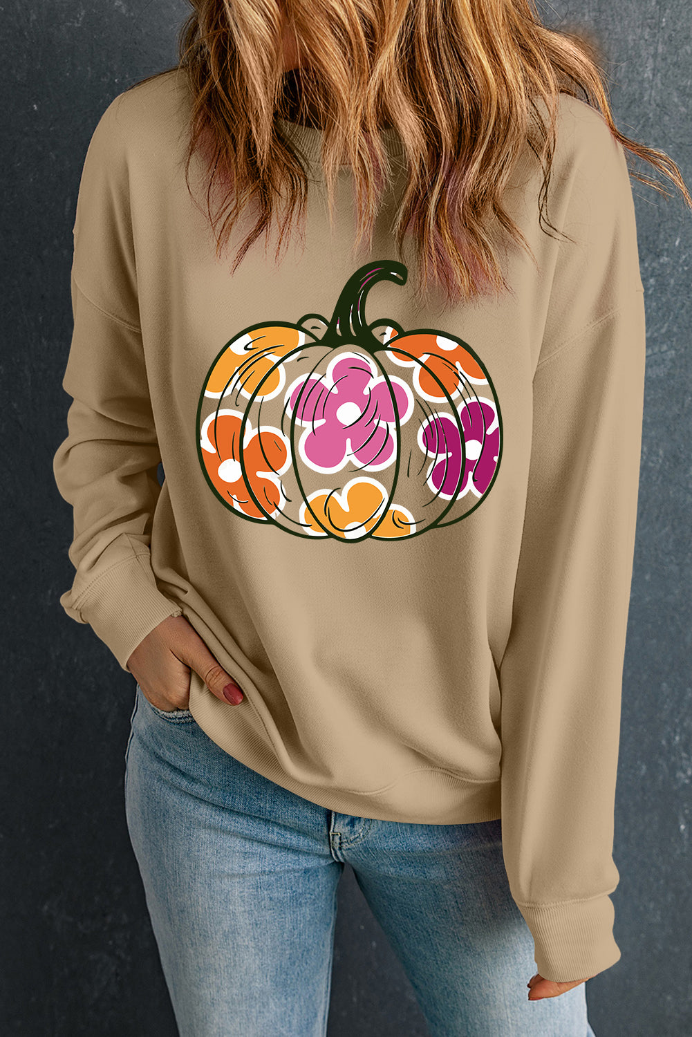 Khaki Halloween Floral Pumpkin Graphic Drop Shoulder Sweatshirt - Aaria Tees Aaria Tees