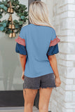 Beau Blue USA Chenille Lettering Stars and Stripes Patchwork Sleeve Top Aaria Tees