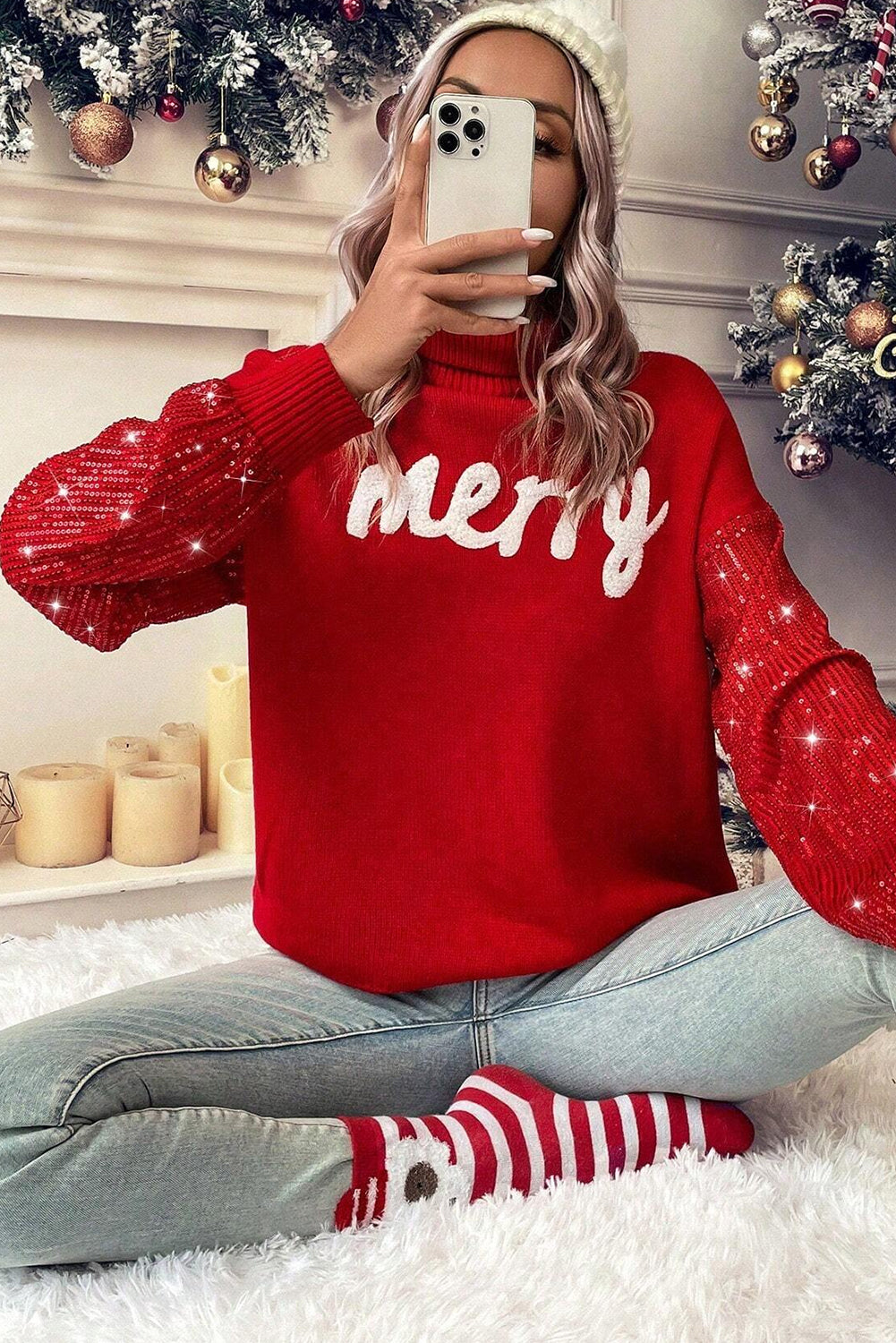 Racing Red Merry Graphic Sequin Sleeves Christmas Turtleneck Sweater - Aaria Tees Aaria Tees