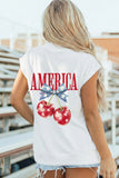 White Mock Neck Short Sleeve Cherry Print America Slogan Casual Top Aaria Tees